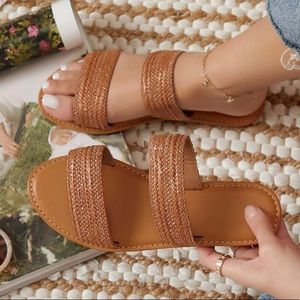 Shein Twin Woven Straw Bands Flat Slide Sandals